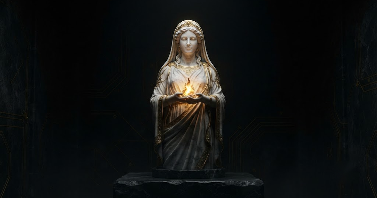 Hestia, goddess of the hearth and protected home, evoking data and audit records that stay inside the customer's own walls