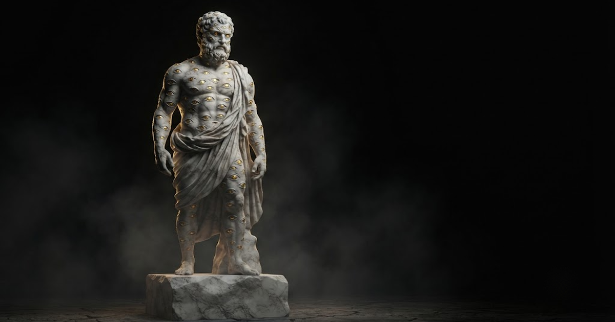 A giant marble statue of Argus covered in many watchful eyes glinting with gold light in darkness