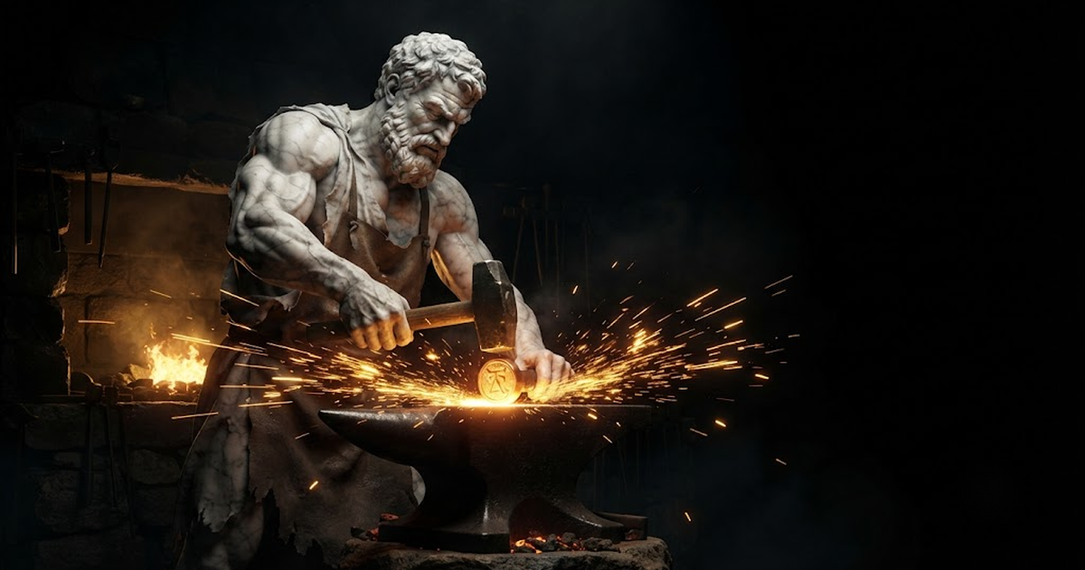 A towering marble statue of Hephaestus forging a glowing seal at a dark anvil lit by gold sparks