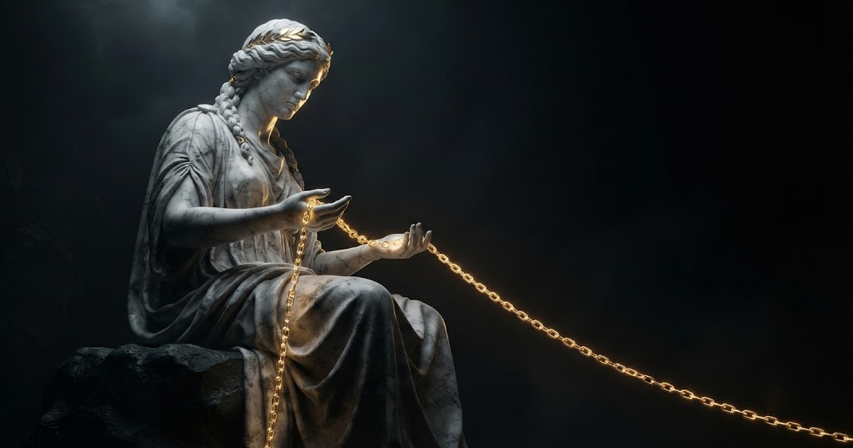 A colossal marble statue of Mnemosyne holding an unbroken chain of light in deep darkness