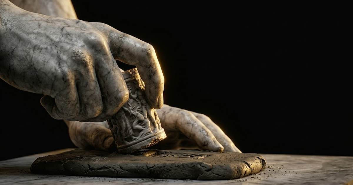 Marble hands of a classical statue pressing a cylinder seal into a tablet, lit by a single gold rim light against black