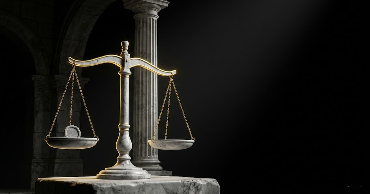 Level marble scales of justice holding a sealed stone disc, beside a fluted column, gold-lit against void black
