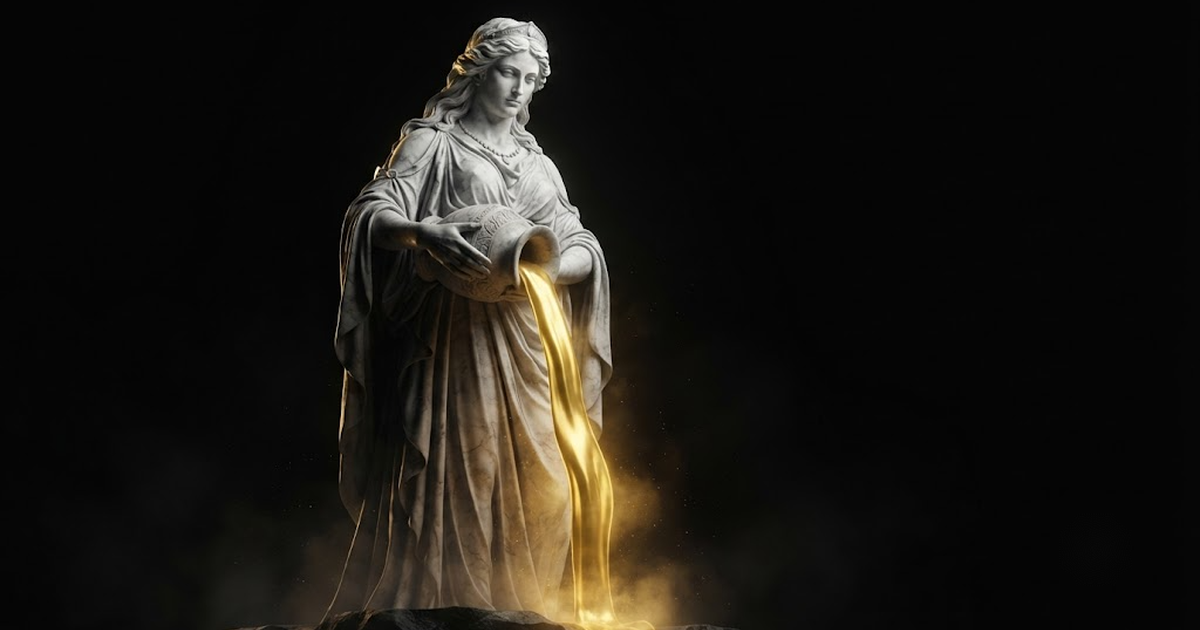 A colossal marble figure of Mnemosyne holding an open vessel from which golden light streams, standing against a black void in storm light.