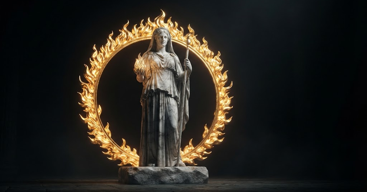 A colossal marble figure of Hestia standing guard within a circular hearth of golden fire against a black void.
