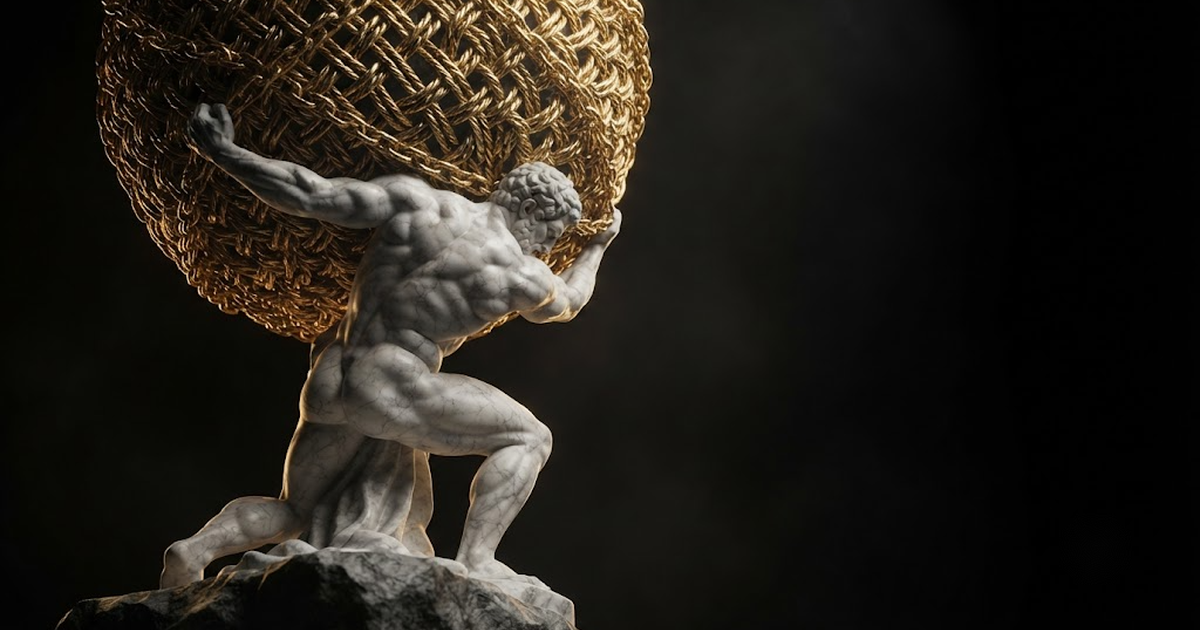 A colossal marble figure of Themis holding upright balanced scales of gold, blindfolded, against a black void in storm light.