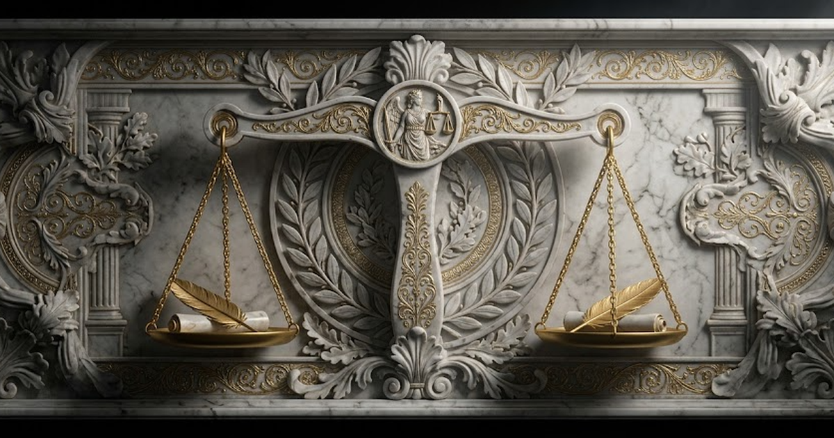 Void black background hex 050505, a single set of scales of justice in satin gold hex D4AF37, carved as a classical marble relief and perfectly balanced, fine gold filigree, no text, no human figures,
