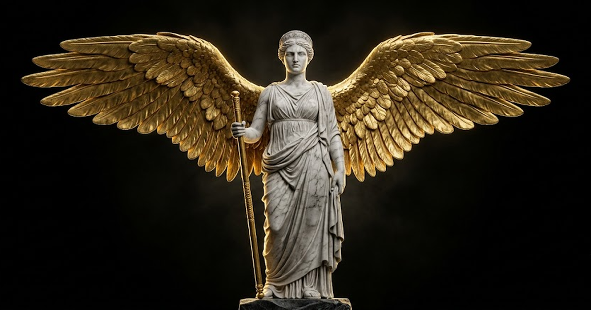 Void black background hex 050505, a classical marble statue of the goddess Nemesis with satin gold hex D4AF37 wings, holding a measuring rod, severe and still, gold leaf edges against deep black, no t