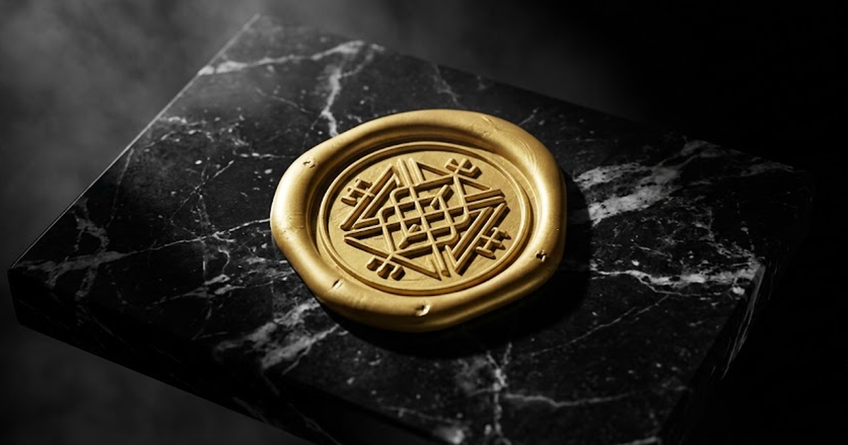Void black background hex 050505, a wax seal of satin gold hex D4AF37 pressed onto a black marble tablet, an intricate geometric sigil at its centre suggesting a cryptographic signature, sharp shadow,