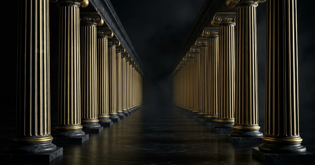 Void black background hex 050505, a Greek temple of black marble with gold fluted columns receding in strict order, an inventory of identical pillars symbolising a model register, cool gold rim light 