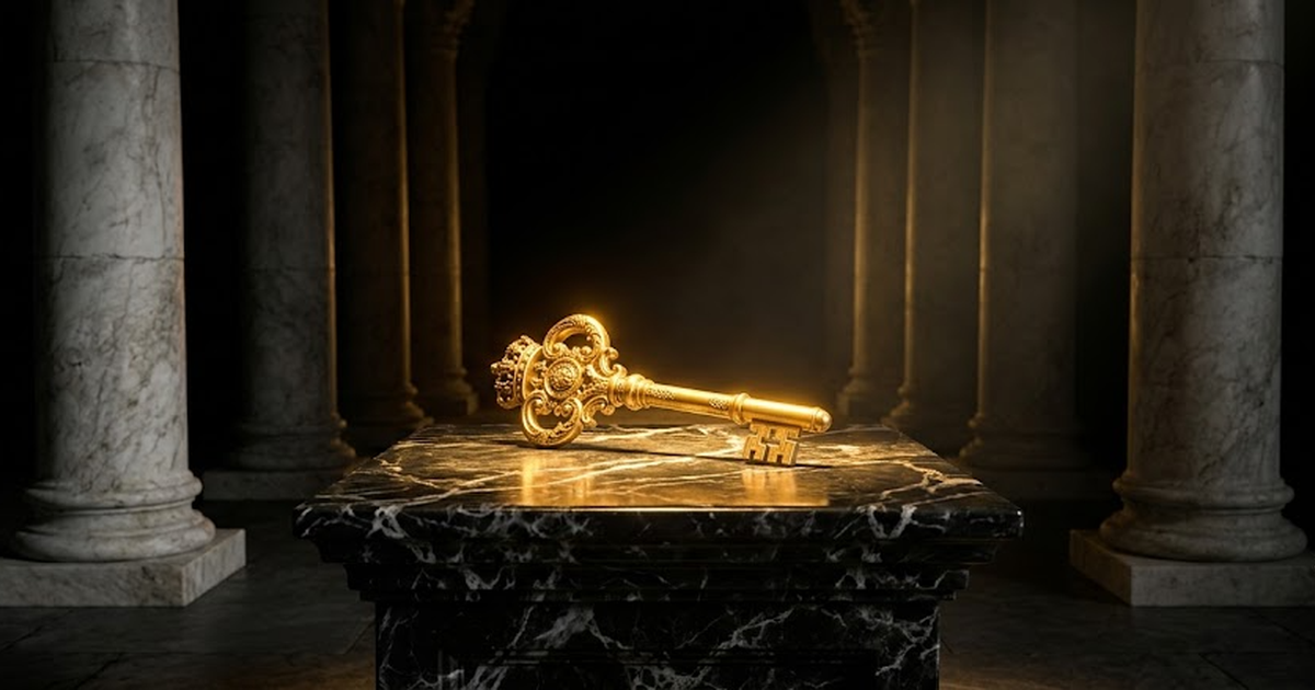Void black background hex 050505, a single golden key resting on a black marble pedestal inside a colonnade, satin gold hex D4AF37 highlights, the only light source the key itself, no text, no human f