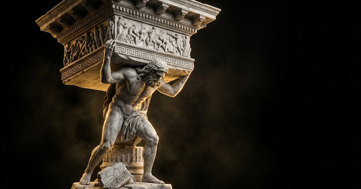A rising structure built on a foundation labelled with the weight of obligation rather than appetite, steady and load-bearing