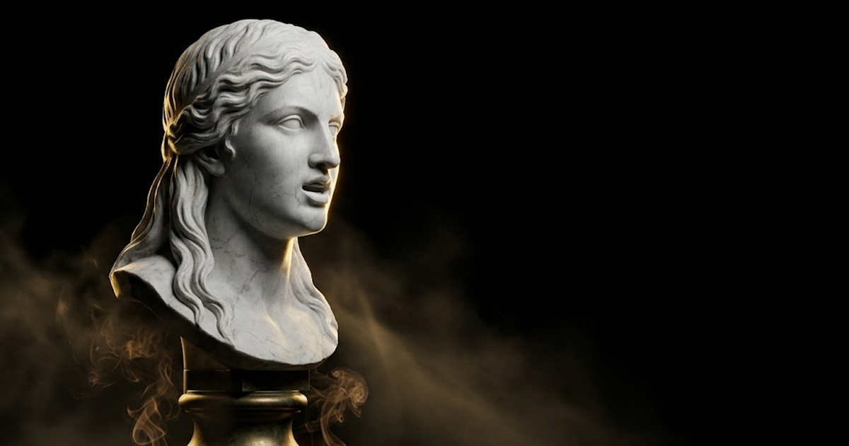 A marble bust of the Delphic Oracle lit by hard gold rim light against void black, mouth parted mid-prophecy, eyes blank, smoke curling from beneath the stone