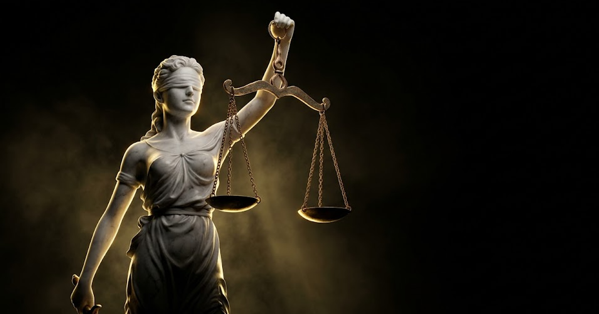 A marble Themis holding empty scales in deep shadow, one gold rim light catching the blindfold, the pans of the scales tipped by nothing visible, void black surrounding her