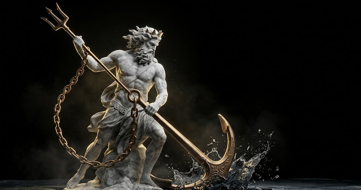 A colossal marble Poseidon driving a bronze anchor into dark water, gold rim light along the trident and the chain, the surface frozen mid-impact, vast dark space above