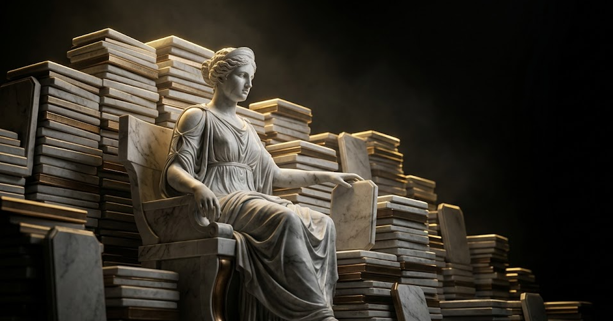 A marble Mnemosyne seated before a wall of carved tablets, each tablet edge catching gold rim light, her hand resting on one sealed stone, deep void black filling the chamber