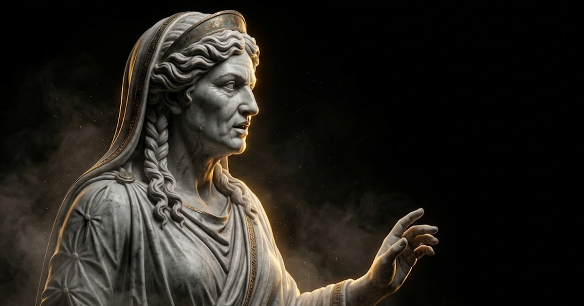 A marble Oracle figure speaking into shadow, gold rim light catching the lips, the listener absent
