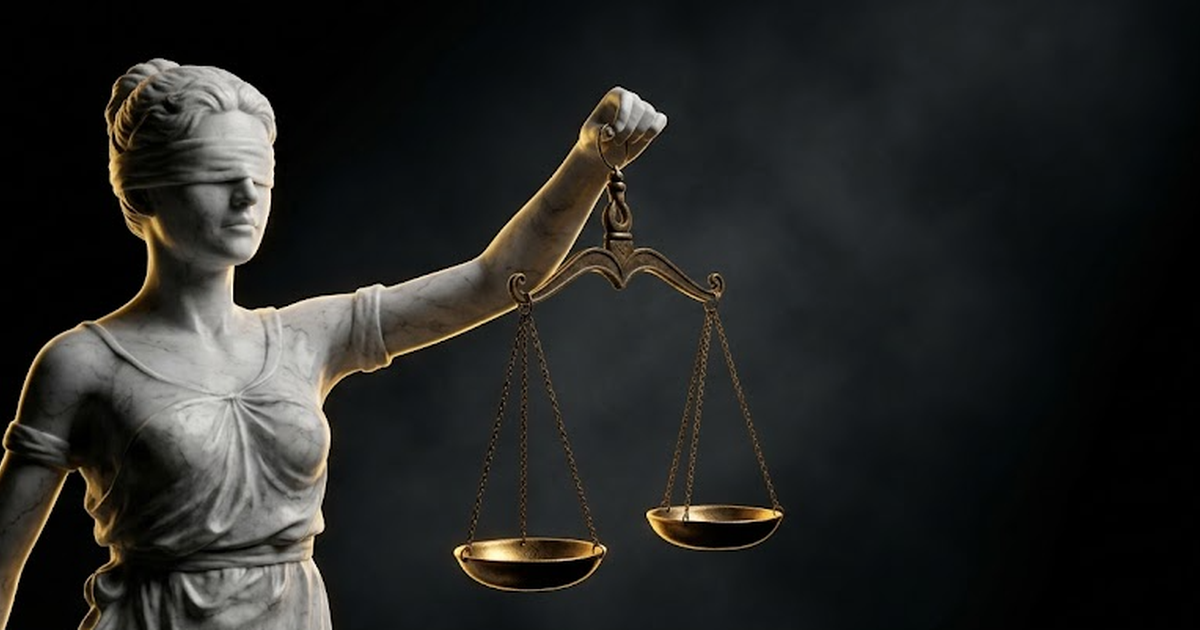 Themis holding scales in carved marble, one pan empty, gold light falling on the absent evidence