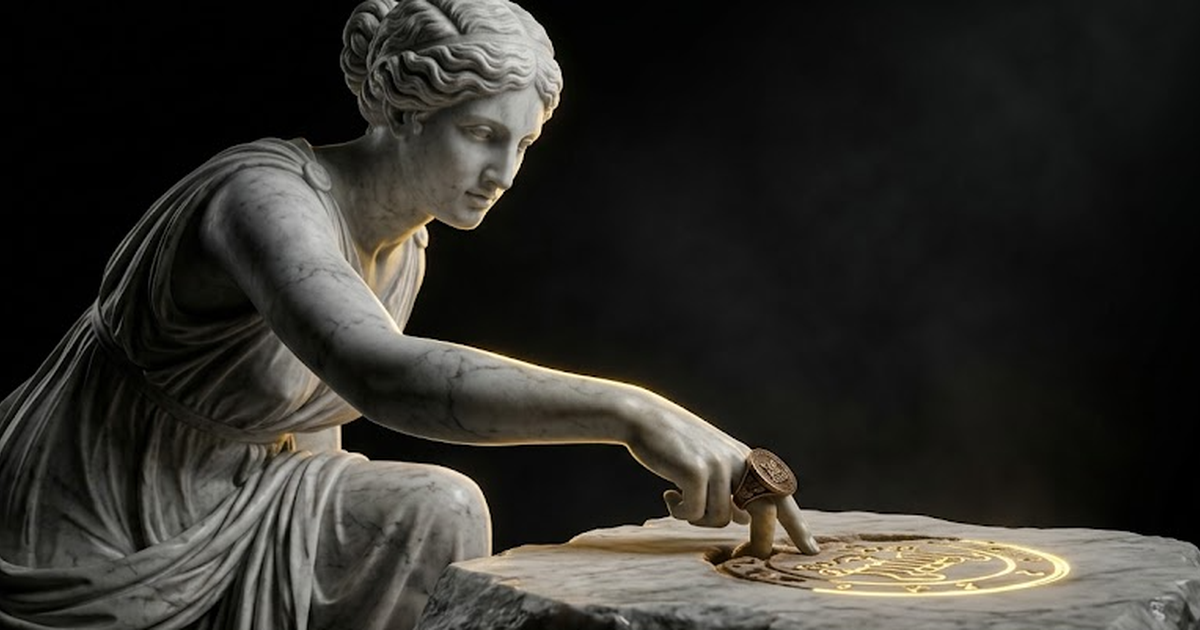 Mnemosyne, goddess of memory, pressing a seal into marble, gold light tracing the impressed mark