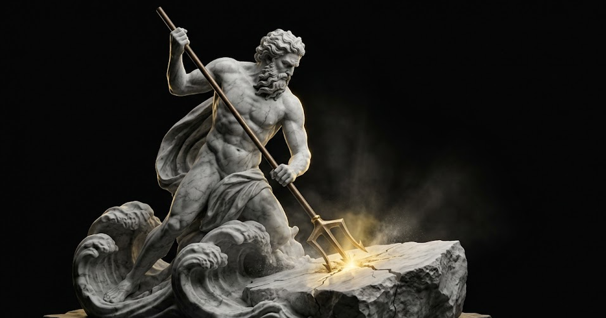 Poseidon driving a trident into stone beneath the waves, gold rim light marking the fixed point