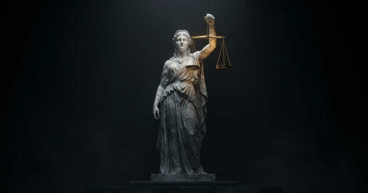 A colossal marble figure of Themis holding level scales in a black void lit by gold light