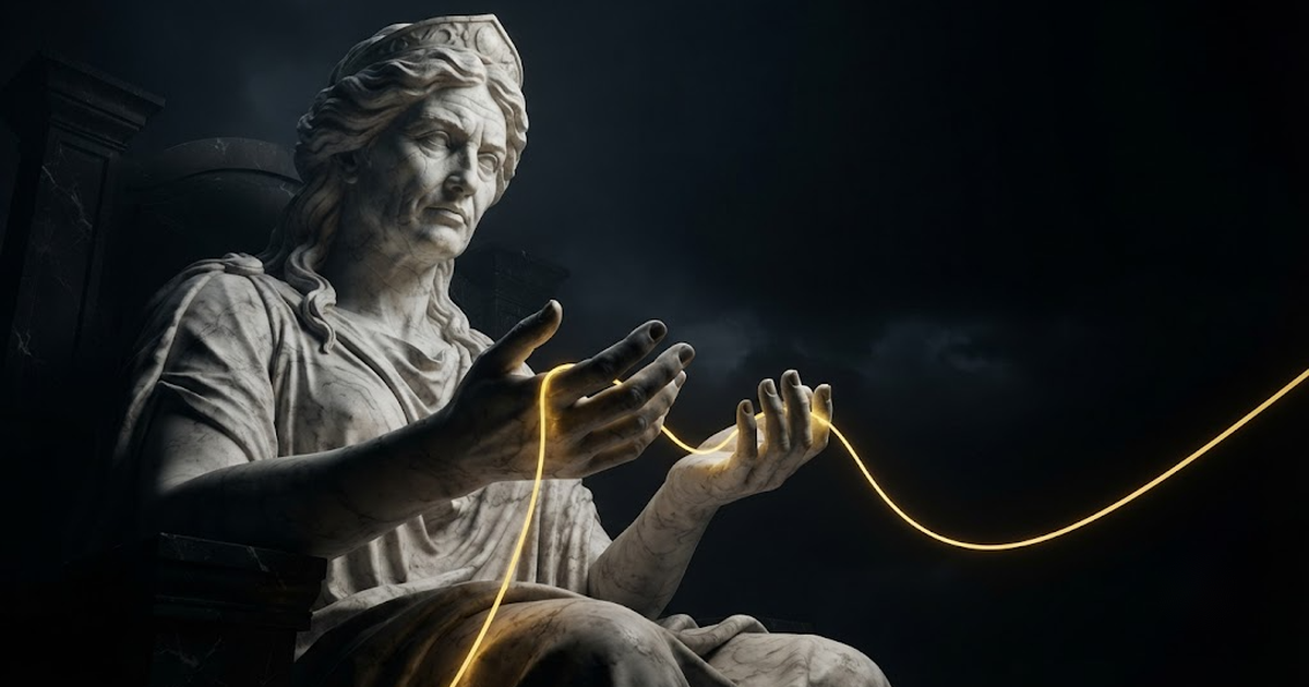 A colossal marble figure of Mnemosyne with light held in cupped hands in a dark void