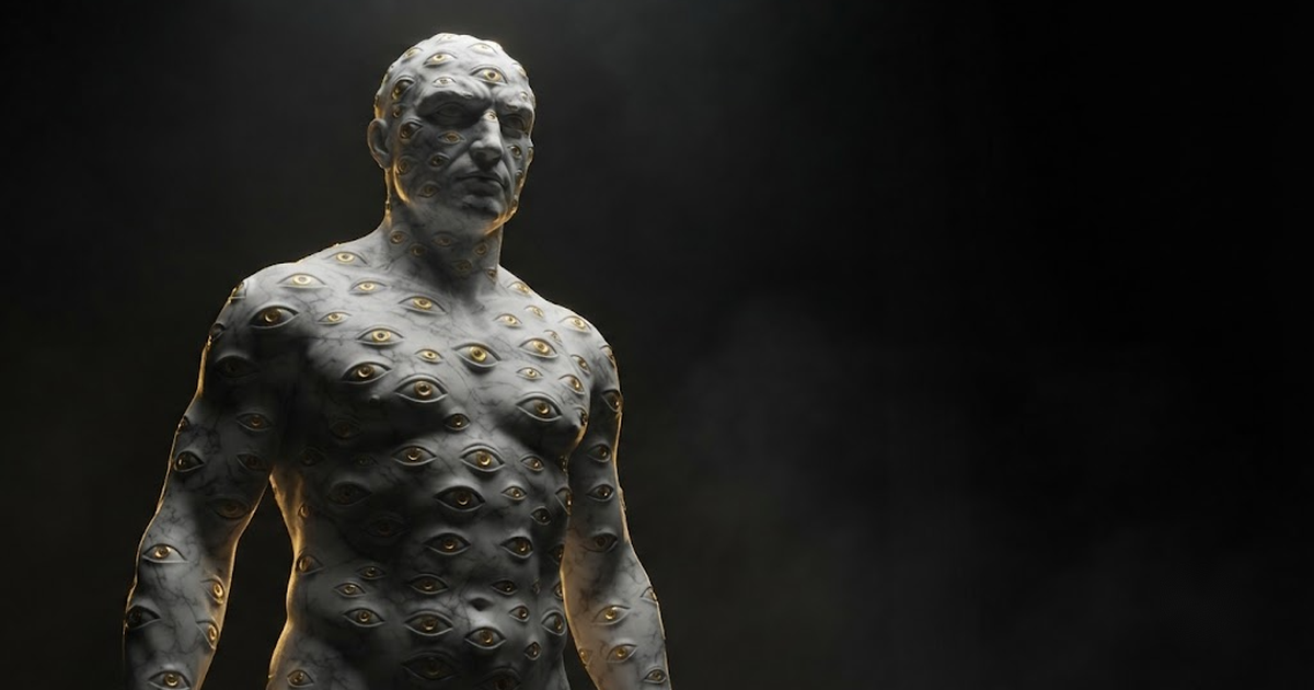 A colossal marble figure of Argus covered in watchful eyes standing in a black void