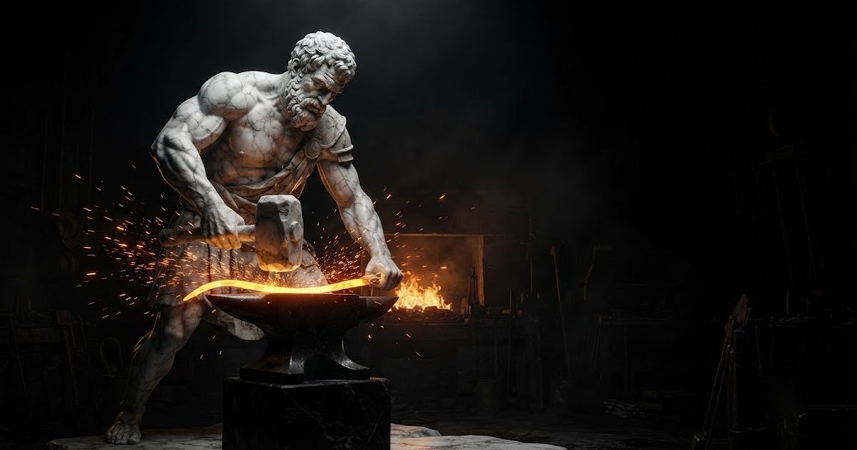 A colossal marble figure of Hephaestus at a dark forge working molten gold in the void