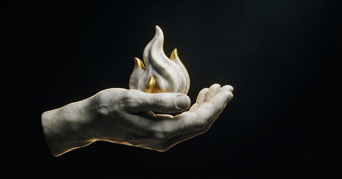 Classical marble scene, Prometheus, gold rim light on void black