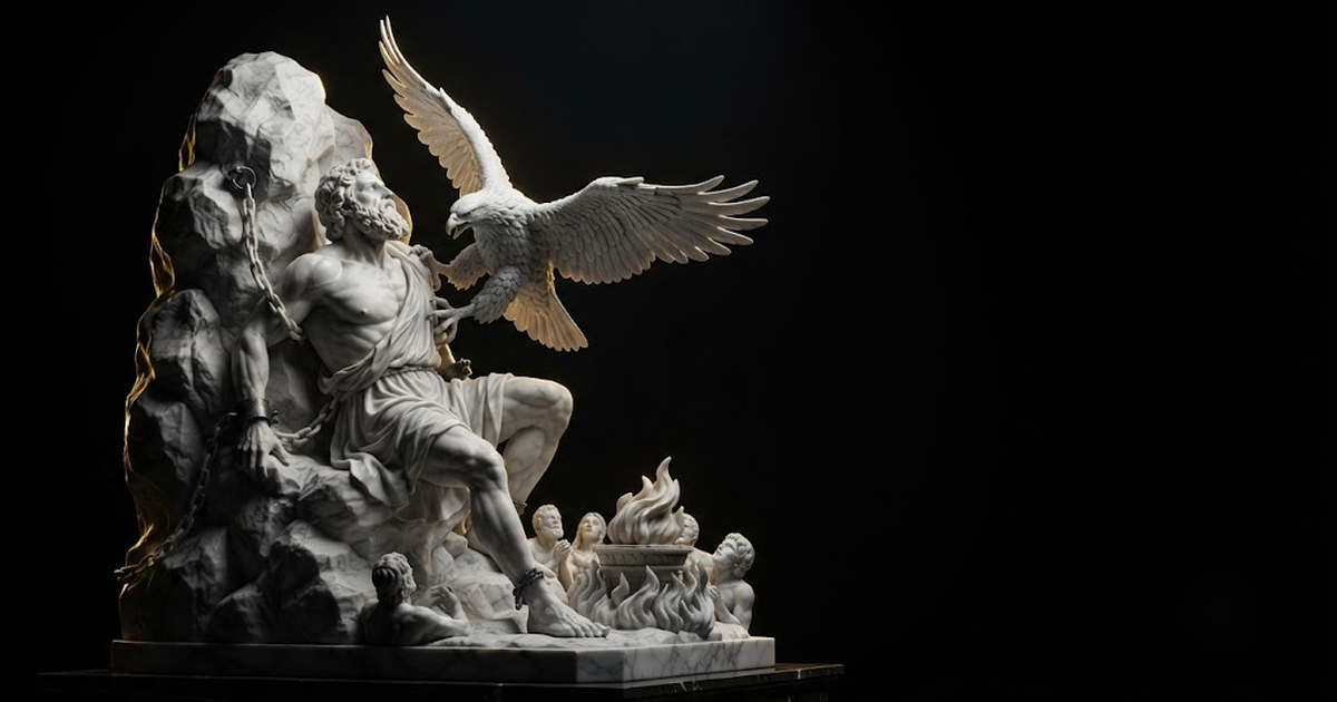 Classical marble scene, Prometheus, gold rim light on void black