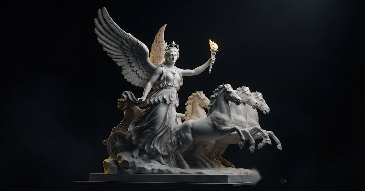 Classical marble scene, Eos, gold rim light on void black