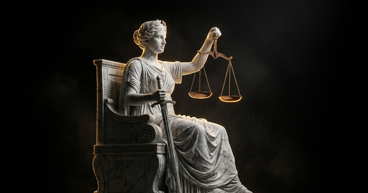 A photoreal carved marble statue of Themis holding scales, lit by hard satin gold rim light against pure void black, embodying the regulatory standard of evidence