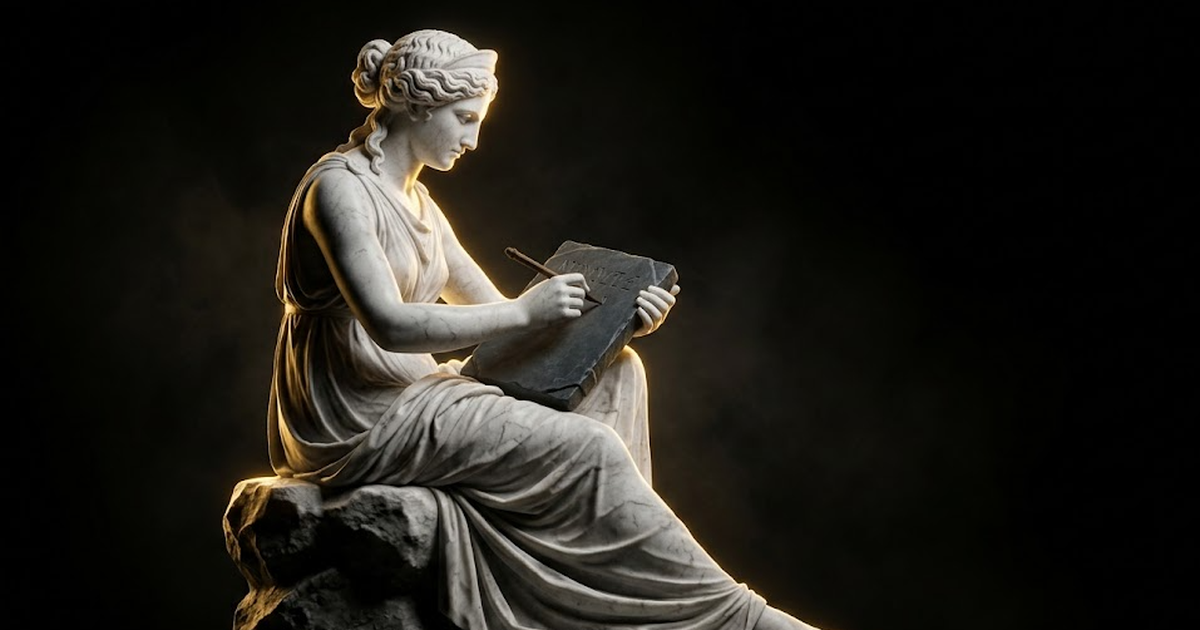 A photoreal carved marble figure of Mnemosyne, goddess of memory, etching a sealed tablet under hard gold rim light against deep void black negative space