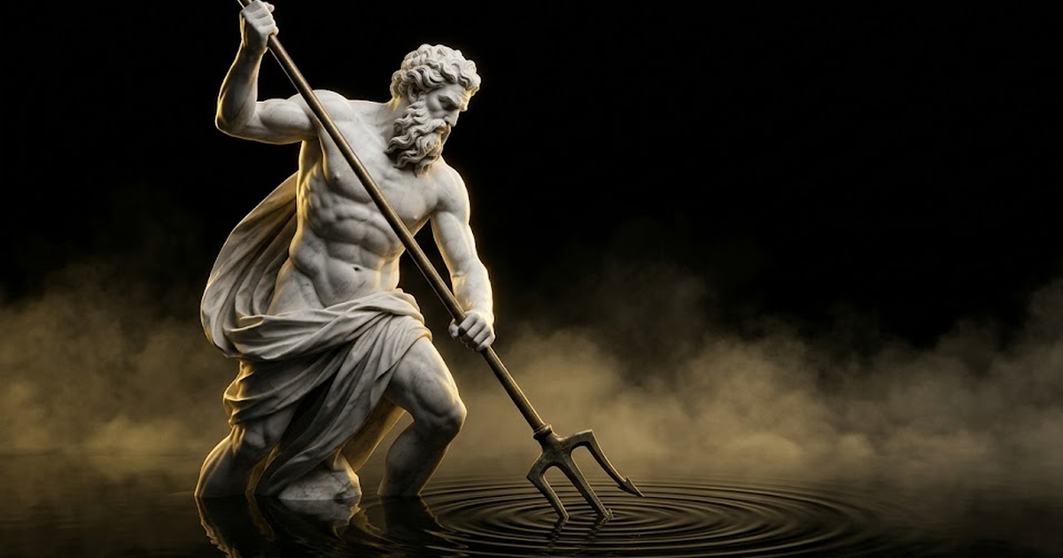 A photoreal marble Poseidon driving a trident into black water, a single point of anchorage catching hard gold rim light amid volumetric haze and void black