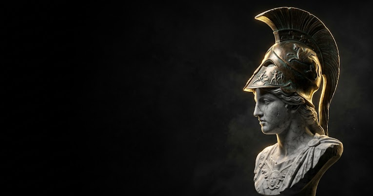 A photoreal marble Athena in profile, helmet catching a single hard gold rim light, gazing into generous void black space, embodying validated strategic judgement