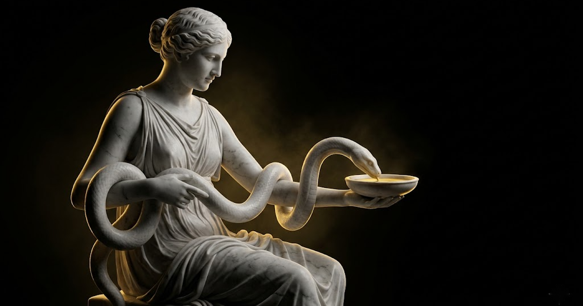 Hygieia, the Greek goddess of health, holding her serpent and a libation bowl in satin gold light against a void black background