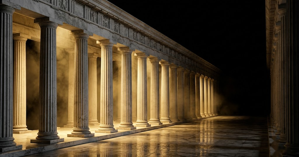An ancient Asclepeion healing sanctuary, a moonlit marble colonnade in satin gold light against a void black background