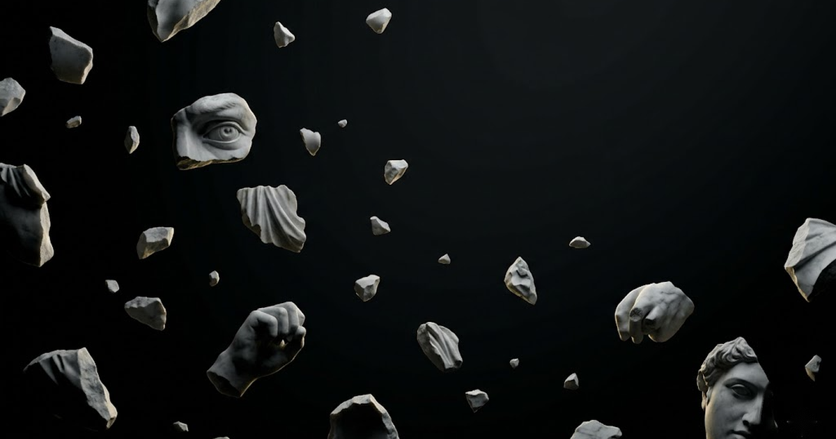 A scattered constellation of small marble fragments suspended in black void, only their edges catching faint gold light, none of them connected.