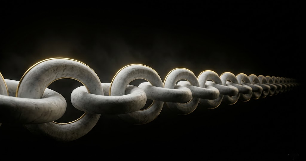 A continuous chain of identical marble links running diagonally through black space, each link sharply cut, the chain unbroken and rim-lit in gold.