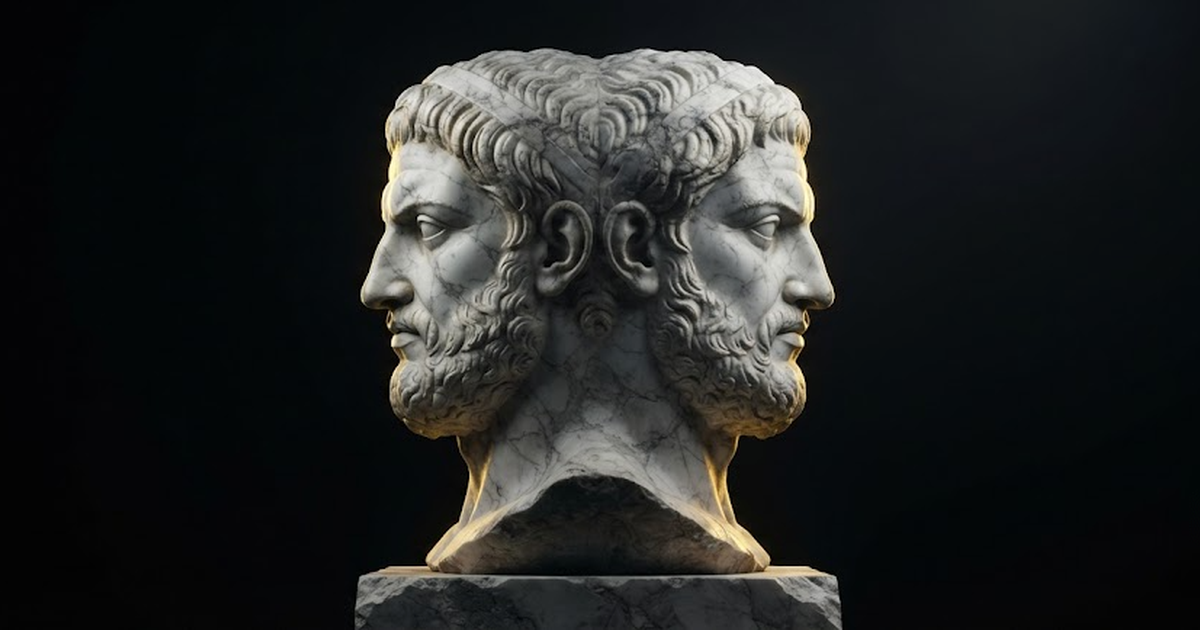 A colossal marble figure of Janus with two faces looking in opposite directions, lit by gold light in darkness.