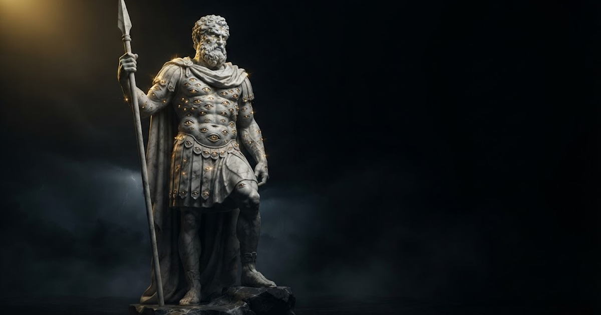 A colossal marble figure of Argus covered in many eyes, half lit by gold light against black.