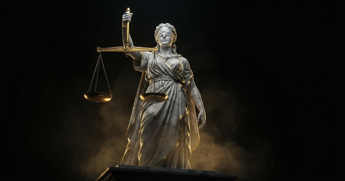 A colossal marble figure of Themis holding balanced scales, illuminated by gold light in shadow.