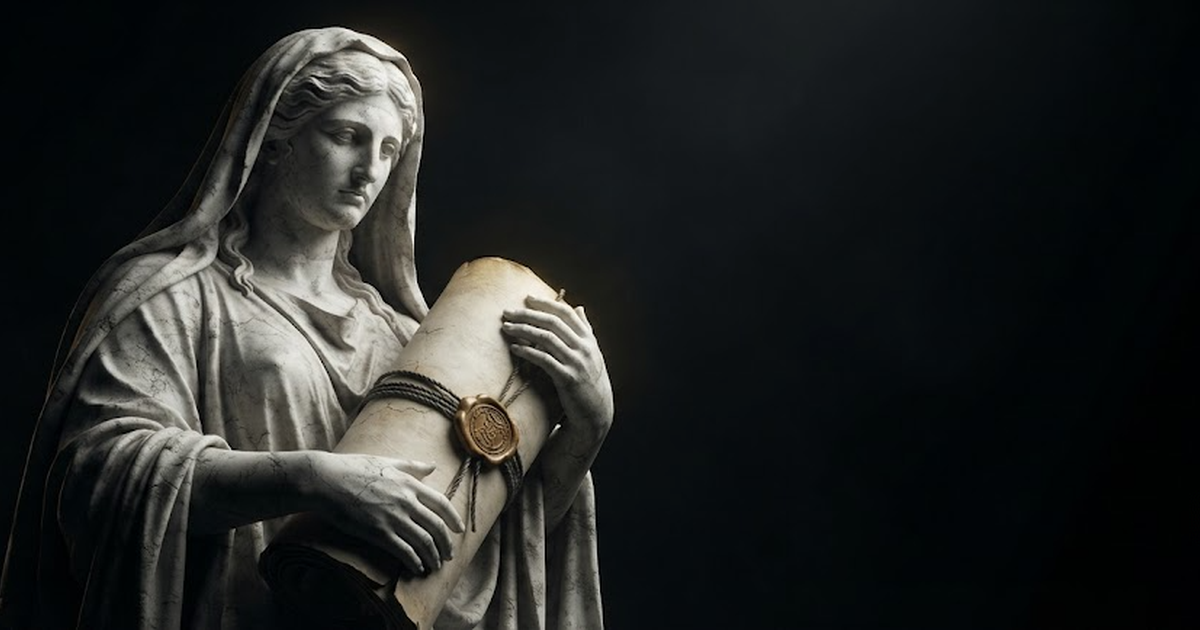 A colossal marble figure of Mnemosyne with a sealed scroll, lit by warm gold light against darkness.