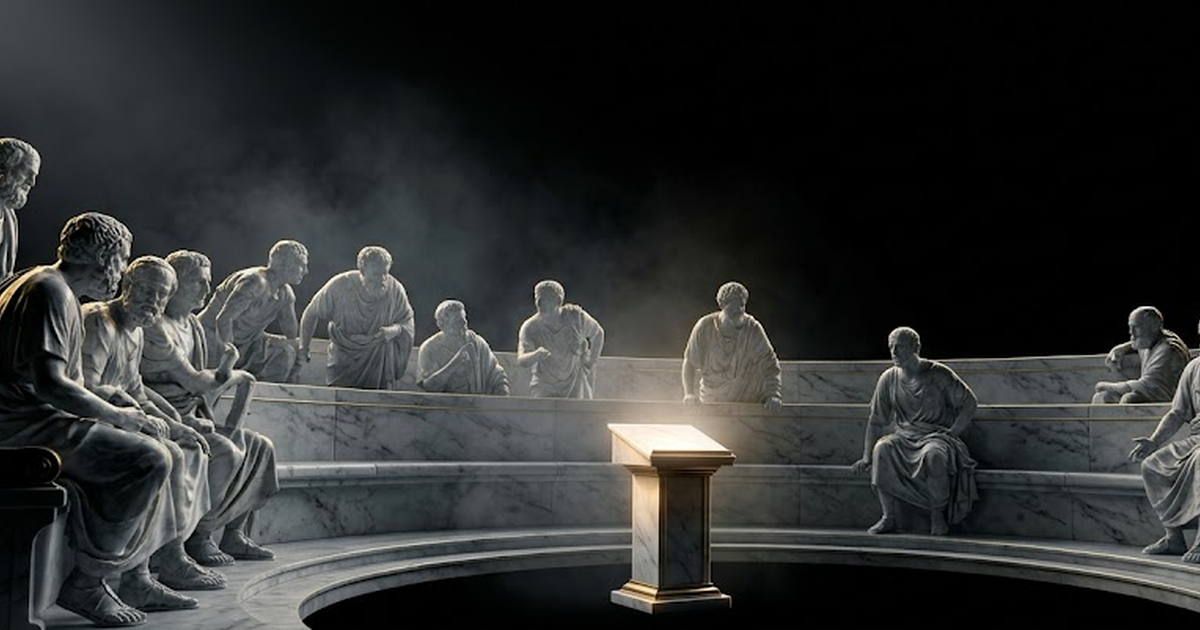 A marble council chamber where fifty carved Greek figures lean toward a single luminous lectern, lit by hard gold rim light against void black