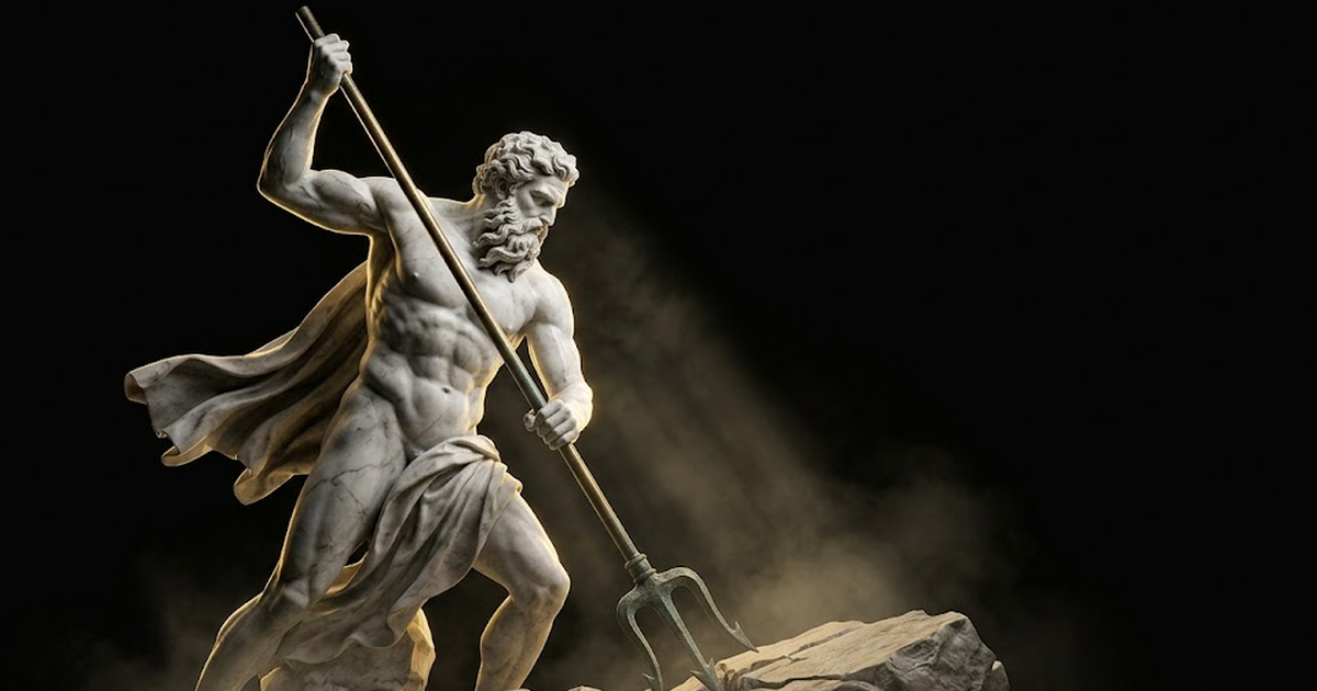 A colossal marble Poseidon driving a trident into bedrock, gold light along the shaft, the surrounding void deep and still