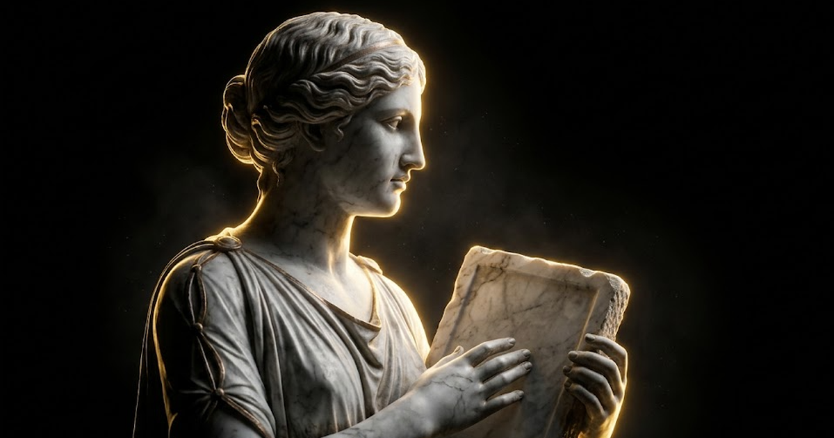 A lone marble Mnemosyne cradling a sealed tablet, hard gold rim light on her profile, vast dark negative space around the single figure