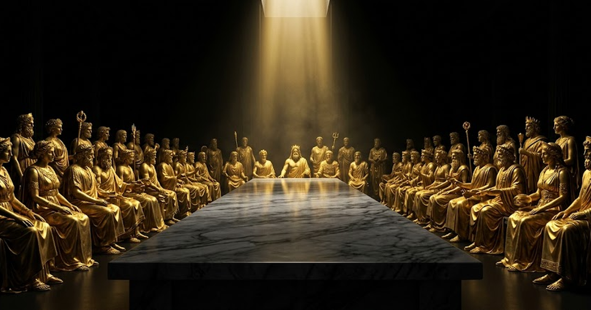 A council of fifty golden figures seated around a long table in a void-black chamber, lit by a single shaft of light