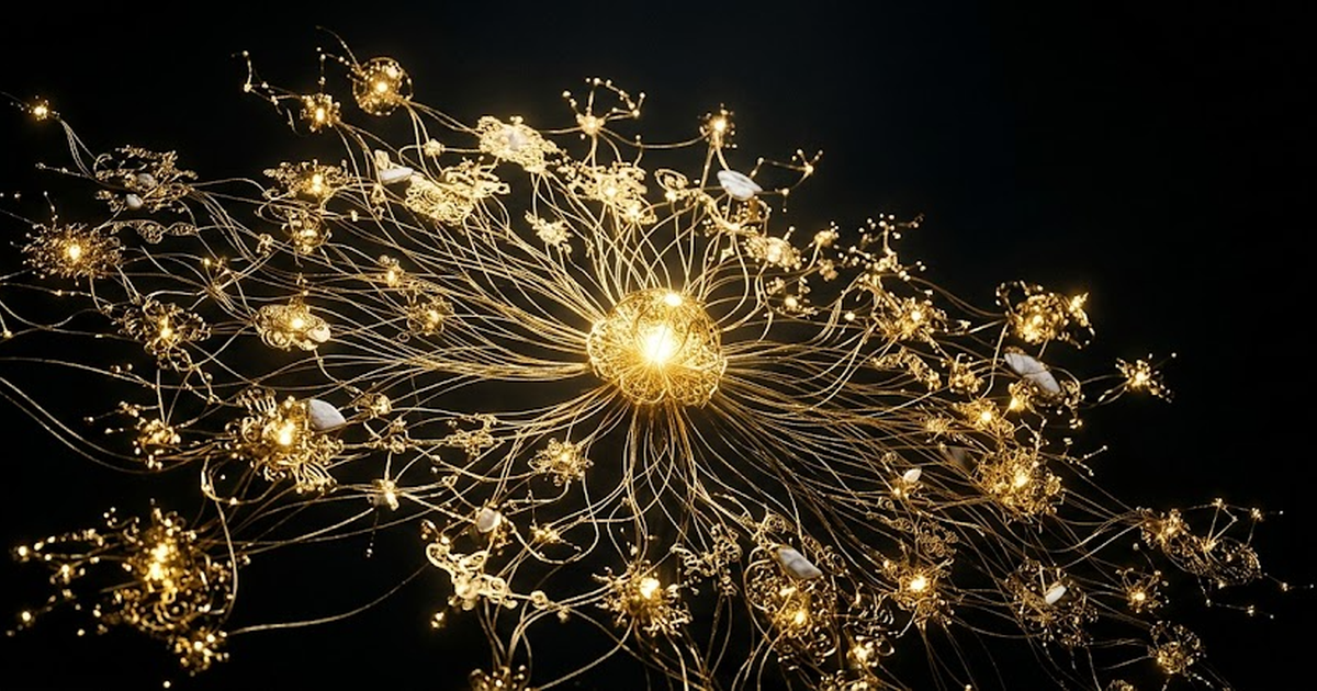 Golden threads of light branching from a central node to many smaller constellations against deep black, suggesting routing between minds