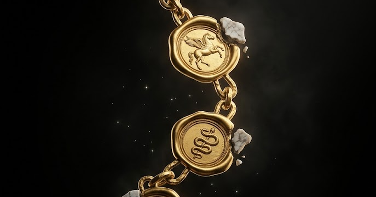 A chain of golden seals descending through darkness, each link bound to the next, with constellation light behind