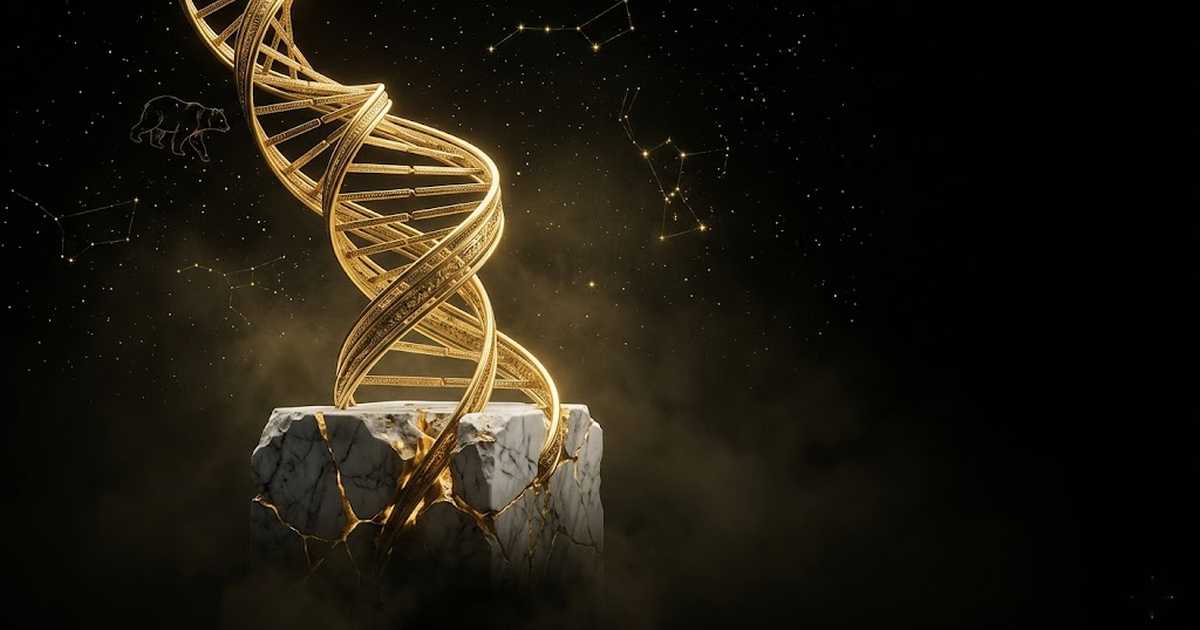 A golden helix rising from a cracked marble pedestal into a field of cosmic stars, marble dissolving into shadow at the base