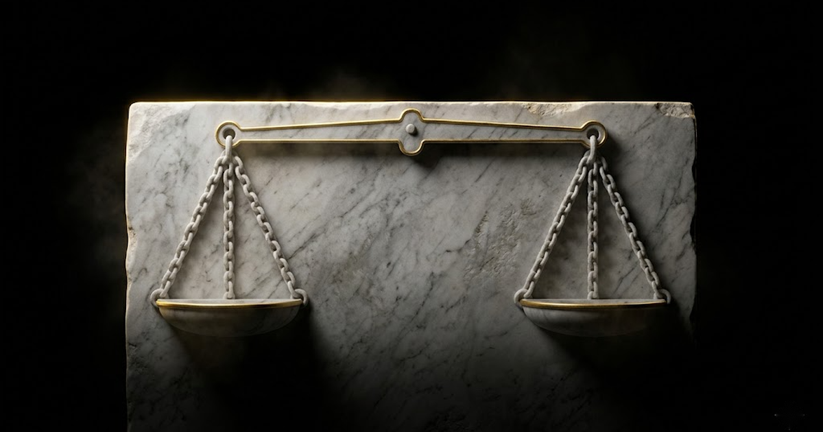 A marble relief of a balanced two-pan scale lit by a gold rim light against a void black background.